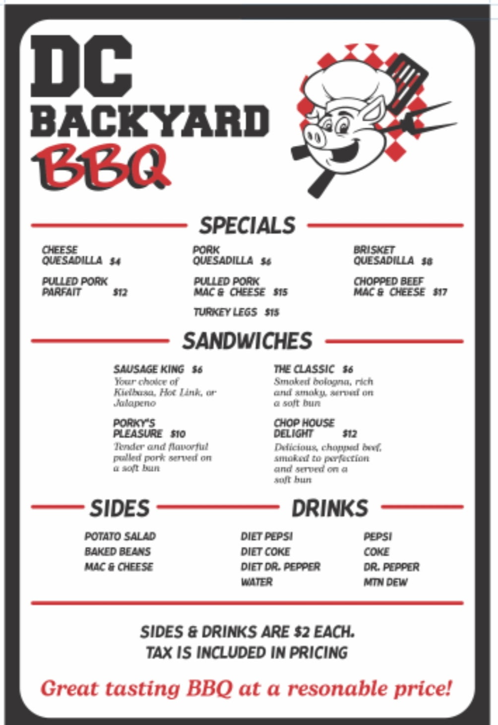 DC Backyard BBQ menu