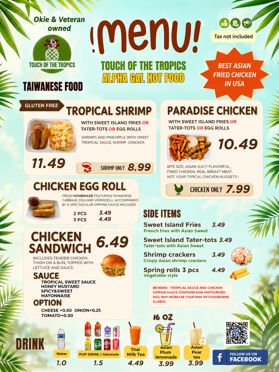 Touch of the Tropics hot food menu
