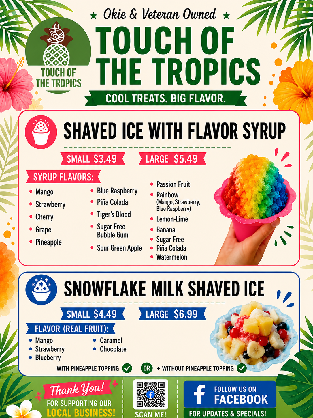 Touch of the Tropics shaved ice menu